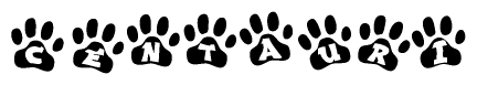 The image shows a row of animal paw prints, each containing a letter. The letters spell out the word Centauri within the paw prints.
