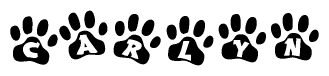 The image shows a row of animal paw prints, each containing a letter. The letters spell out the word Carlyn within the paw prints.