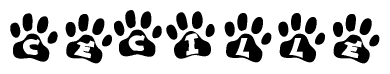 The image shows a series of animal paw prints arranged horizontally. Within each paw print, there's a letter; together they spell Cecille