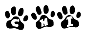The image shows a row of animal paw prints, each containing a letter. The letters spell out the word Chi within the paw prints.