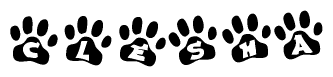 The image shows a series of animal paw prints arranged in a horizontal line. Each paw print contains a letter, and together they spell out the word Clesha.