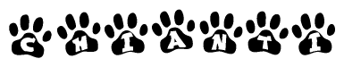 The image shows a row of animal paw prints, each containing a letter. The letters spell out the word Chianti within the paw prints.