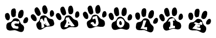 The image shows a series of animal paw prints arranged in a horizontal line. Each paw print contains a letter, and together they spell out the word Cmajolie.