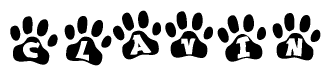 The image shows a series of animal paw prints arranged horizontally. Within each paw print, there's a letter; together they spell Clavin
