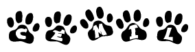 The image shows a row of animal paw prints, each containing a letter. The letters spell out the word Cemil within the paw prints.