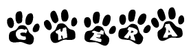 The image shows a row of animal paw prints, each containing a letter. The letters spell out the word Chera within the paw prints.