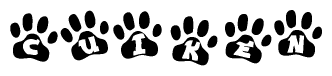 The image shows a row of animal paw prints, each containing a letter. The letters spell out the word Cuiken within the paw prints.