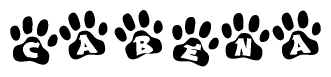 The image shows a series of animal paw prints arranged in a horizontal line. Each paw print contains a letter, and together they spell out the word Cabena.