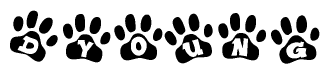 The image shows a row of animal paw prints, each containing a letter. The letters spell out the word Dyoung within the paw prints.