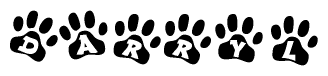 The image shows a series of animal paw prints arranged in a horizontal line. Each paw print contains a letter, and together they spell out the word Darryl.