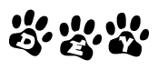 The image shows a series of animal paw prints arranged horizontally. Within each paw print, there's a letter; together they spell Dey