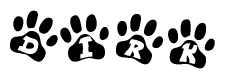 The image shows a series of animal paw prints arranged in a horizontal line. Each paw print contains a letter, and together they spell out the word Dirk.