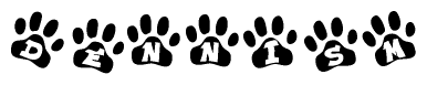 The image shows a series of animal paw prints arranged in a horizontal line. Each paw print contains a letter, and together they spell out the word Dennism.
