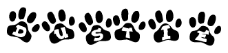 The image shows a row of animal paw prints, each containing a letter. The letters spell out the word Dustie within the paw prints.