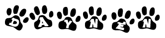 The image shows a row of animal paw prints, each containing a letter. The letters spell out the word Daynen within the paw prints.