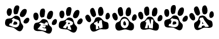 The image shows a series of animal paw prints arranged in a horizontal line. Each paw print contains a letter, and together they spell out the word Derhonda.