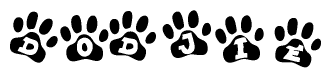 The image shows a row of animal paw prints, each containing a letter. The letters spell out the word Dodjie within the paw prints.
