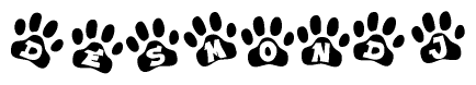 The image shows a series of animal paw prints arranged in a horizontal line. Each paw print contains a letter, and together they spell out the word Desmondj.