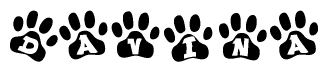The image shows a series of animal paw prints arranged horizontally. Within each paw print, there's a letter; together they spell Davina
