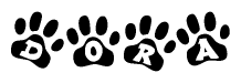 The image shows a row of animal paw prints, each containing a letter. The letters spell out the word Dora within the paw prints.