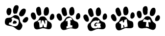 The image shows a series of animal paw prints arranged horizontally. Within each paw print, there's a letter; together they spell Dwight