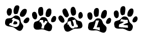 The image shows a series of animal paw prints arranged in a horizontal line. Each paw print contains a letter, and together they spell out the word Dyulz.