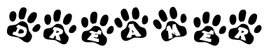 The image shows a row of animal paw prints, each containing a letter. The letters spell out the word Dreamer within the paw prints.