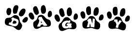 The image shows a series of animal paw prints arranged in a horizontal line. Each paw print contains a letter, and together they spell out the word Dagny.