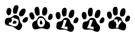 The image shows a row of animal paw prints, each containing a letter. The letters spell out the word Dolly within the paw prints.