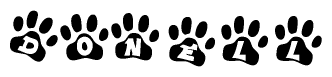 The image shows a row of animal paw prints, each containing a letter. The letters spell out the word Donell within the paw prints.