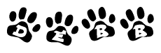 The image shows a row of animal paw prints, each containing a letter. The letters spell out the word Debb within the paw prints.