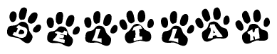 The image shows a series of animal paw prints arranged in a horizontal line. Each paw print contains a letter, and together they spell out the word Delilah.