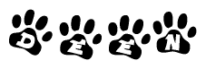 The image shows a series of animal paw prints arranged in a horizontal line. Each paw print contains a letter, and together they spell out the word Deen.