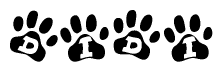 The image shows a row of animal paw prints, each containing a letter. The letters spell out the word Didi within the paw prints.
