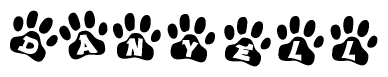 The image shows a row of animal paw prints, each containing a letter. The letters spell out the word Danyell within the paw prints.