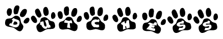 The image shows a series of animal paw prints arranged horizontally. Within each paw print, there's a letter; together they spell Dutchess