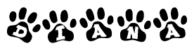 The image shows a series of animal paw prints arranged in a horizontal line. Each paw print contains a letter, and together they spell out the word Diana.