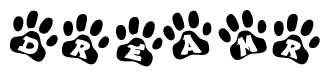 The image shows a row of animal paw prints, each containing a letter. The letters spell out the word Dreamr within the paw prints.
