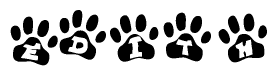 The image shows a row of animal paw prints, each containing a letter. The letters spell out the word Edith within the paw prints.