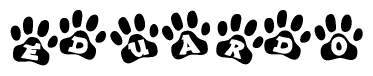 The image shows a row of animal paw prints, each containing a letter. The letters spell out the word Eduardo within the paw prints.
