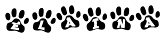 The image shows a series of animal paw prints arranged in a horizontal line. Each paw print contains a letter, and together they spell out the word Elaina.