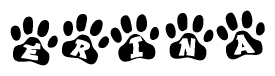 The image shows a series of animal paw prints arranged in a horizontal line. Each paw print contains a letter, and together they spell out the word Erina.