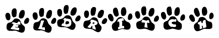 The image shows a series of animal paw prints arranged in a horizontal line. Each paw print contains a letter, and together they spell out the word Eldritch.