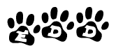 The image shows a row of animal paw prints, each containing a letter. The letters spell out the word Edd within the paw prints.