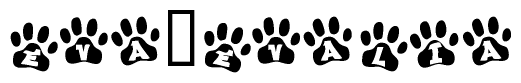 The image shows a row of animal paw prints, each containing a letter. The letters spell out the word Eva evalia within the paw prints.