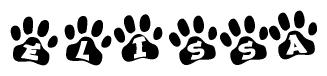 The image shows a series of animal paw prints arranged horizontally. Within each paw print, there's a letter; together they spell Elissa