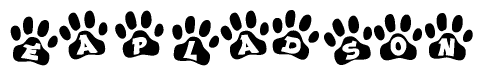 The image shows a series of animal paw prints arranged horizontally. Within each paw print, there's a letter; together they spell Eapladson