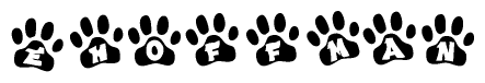 The image shows a series of animal paw prints arranged in a horizontal line. Each paw print contains a letter, and together they spell out the word Ehoffman.
