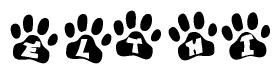 The image shows a series of animal paw prints arranged in a horizontal line. Each paw print contains a letter, and together they spell out the word Elthi.