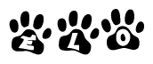The image shows a series of animal paw prints arranged in a horizontal line. Each paw print contains a letter, and together they spell out the word Elo.
